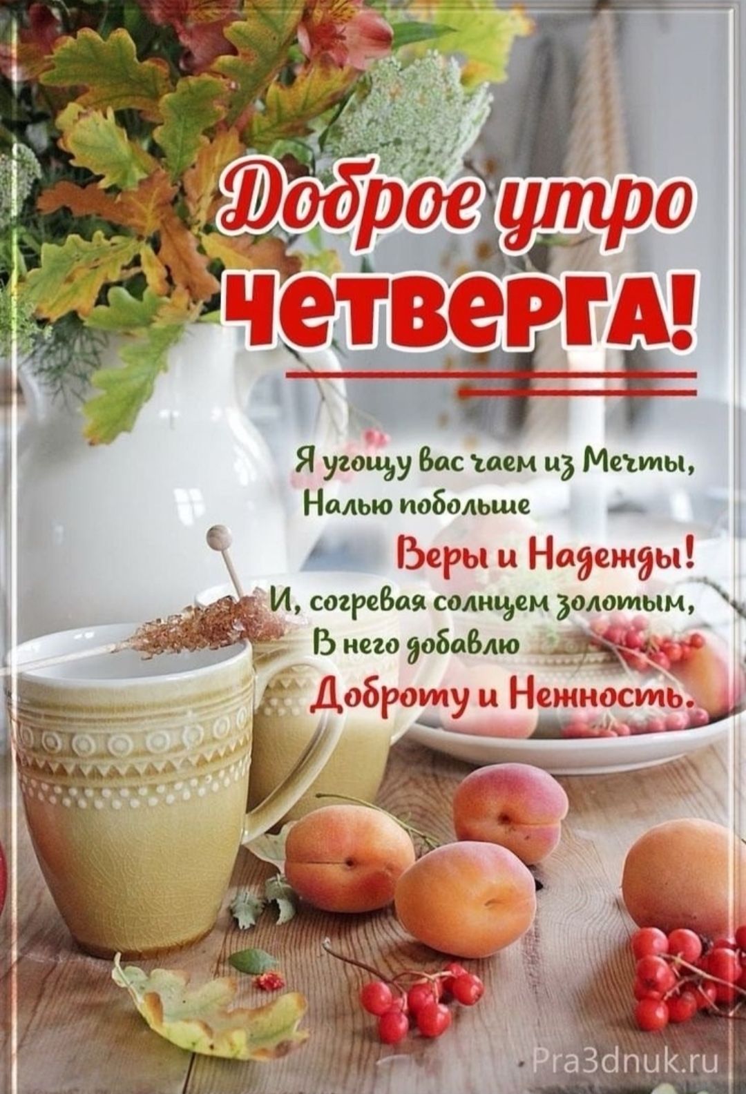 Доброе утро ЧЕТВЕРГА! Я угошу вас чаем из Мечты, Налью побольше Веры и Надежды! И, согревая солнцем золотым, В него добавлю Добротуту и Ненность.