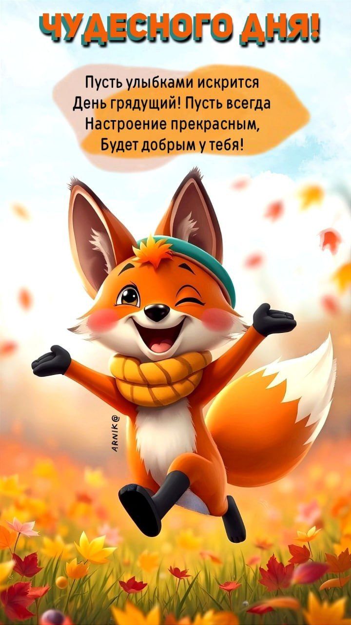 ЧУДЕСНОГО ДНЯ! Пусть улыбками искрится День грядущий! Пусть всегда Настроение прекрасным, Будет добрым у тебя!