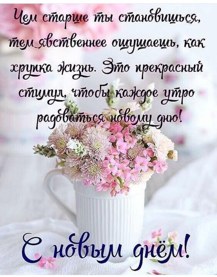 Чем старше ты становишься,
тем явственнее ощущаешь, как
хрупка жизнь. Это прекрасный стиль, чтобы каждое утро радоваться новому дню!
С новым днём!