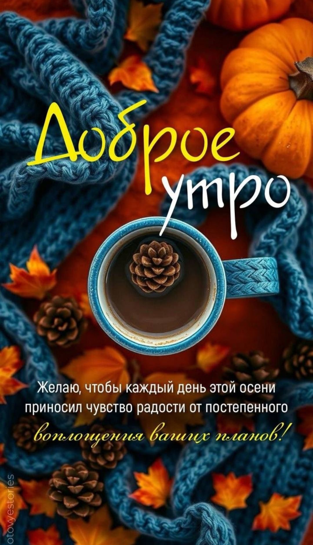 Доброе утро
Желаю, чтобы каждый день этой осени приносил чувство радости от постепенного воплощения ваших планов!