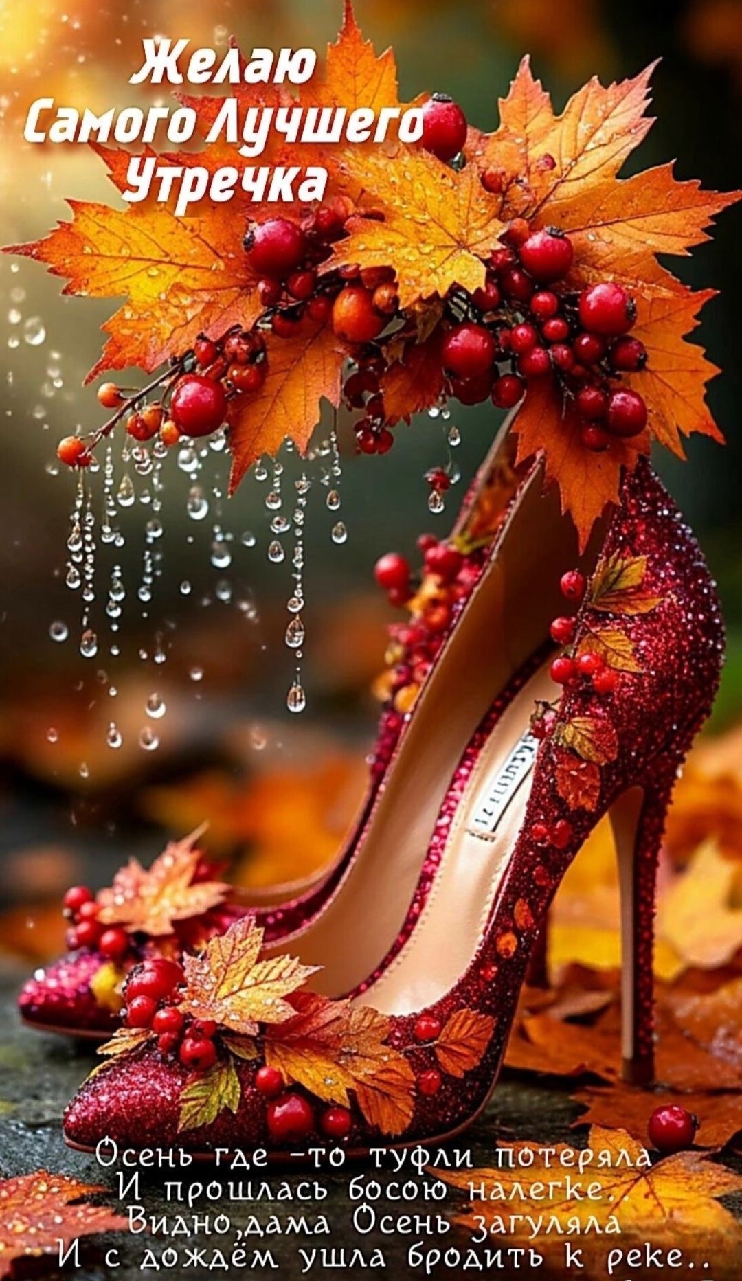 Желаю Самого Лучшего Утречка
Осень где-то туфли потеряла
И прошлась босою по аллее
Видно, мама Осень заглянула
И с дождём ушла бродить к реке...