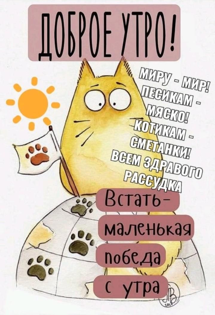 ДОБРОЕ УТРО!
МИРУ - МИР! ПЕСИкам - МЯСКО! КОТИКАМ - СМЕТАНКИ! ВСЕМ ЗДРАВОГО РАССУДКА
Встать- маленькая победа с утра