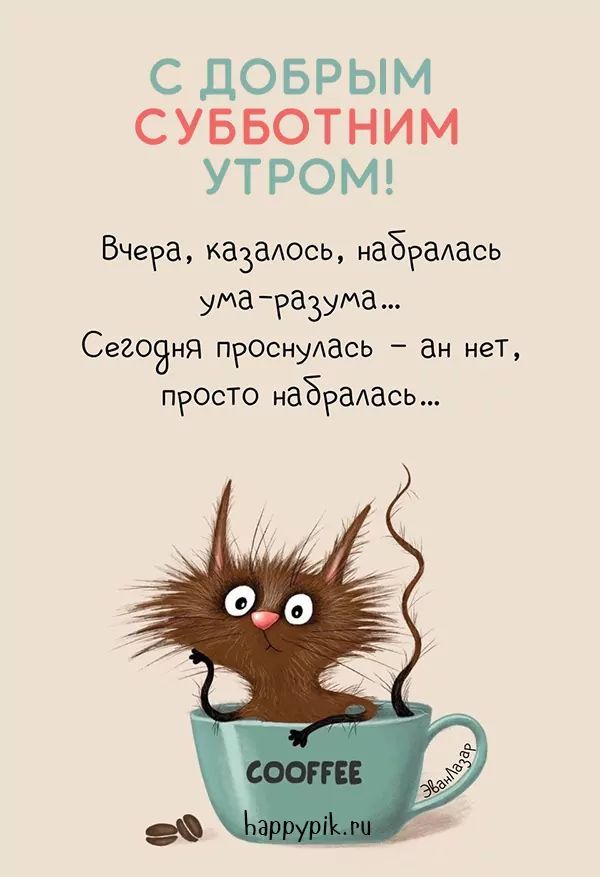С ДОБРЫМ СУББОТНИМ УТРОМ!
Вчера, казалось, набралась
ум-разума...
Сегодня проснулась – ан нет,
просто набралась...