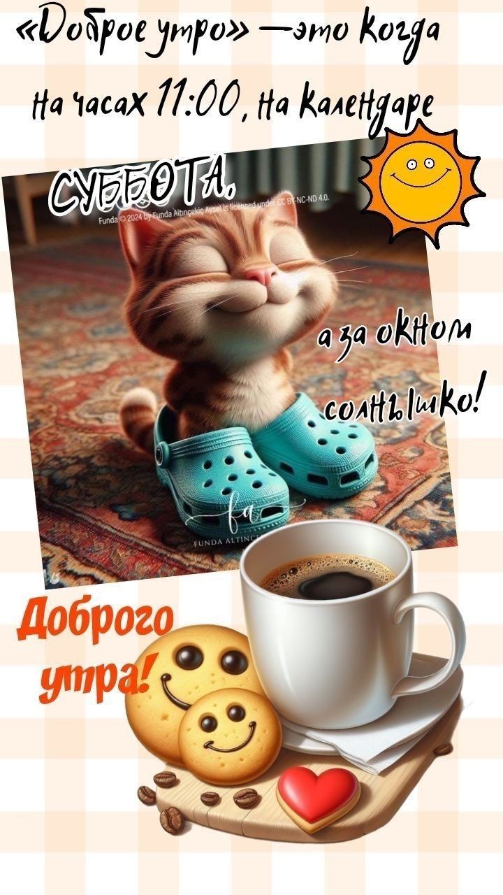 «Доброе утро» — это когда На часах 11:00, На календаре СУББОТА, а за окном солнышко! Доброе утро!