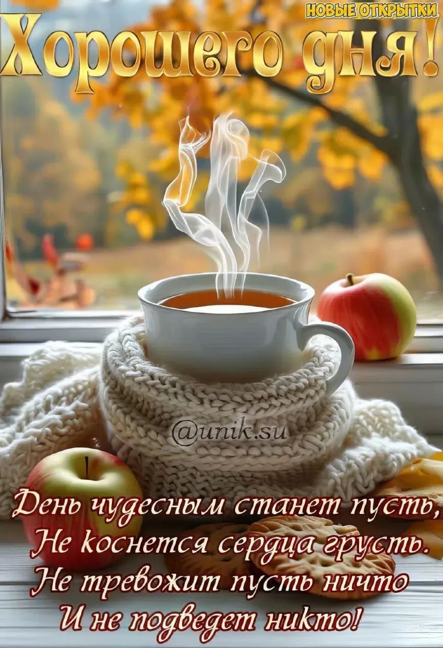 Хорошего дня!
День чудесным станет пусть, Не коснется сердца грусть. Не тревожит пусть ничто И не подведет никто!