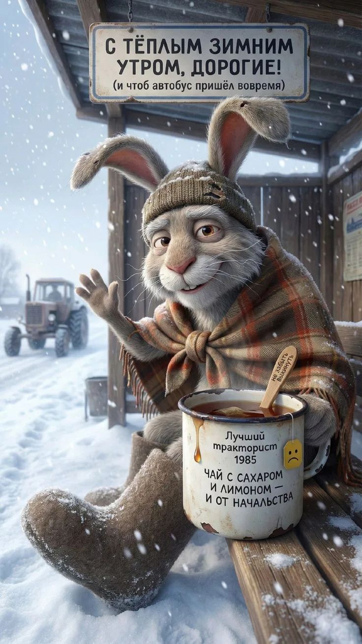 С ТЁПЛЫМ ЗИМНИМ УТРОМ, ДОРОГИЕ! (и чтоб автобус пришёл вовремя)\nЛучший тракторист 1985\nЧай с сахаром и лимоном и от начальства