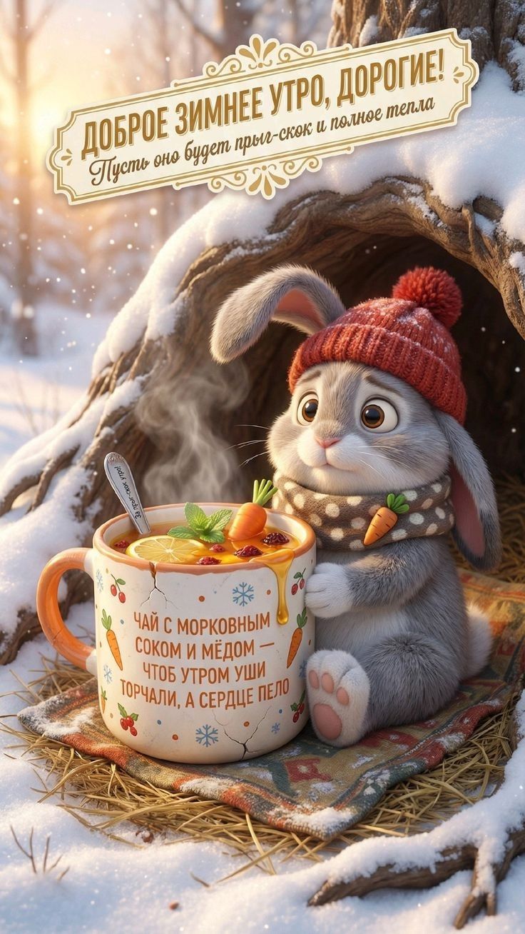 Доброе зимнее утро, дорогие! Пусть оно будет полным тепла. ЧАЙ С МОРКОВНЫМ СОКОМ И МЁДОМ — ЧТОБ УТРОМ УШИ ТОРЧАЛИ, А СЕРДЦЕ ПЕЛО