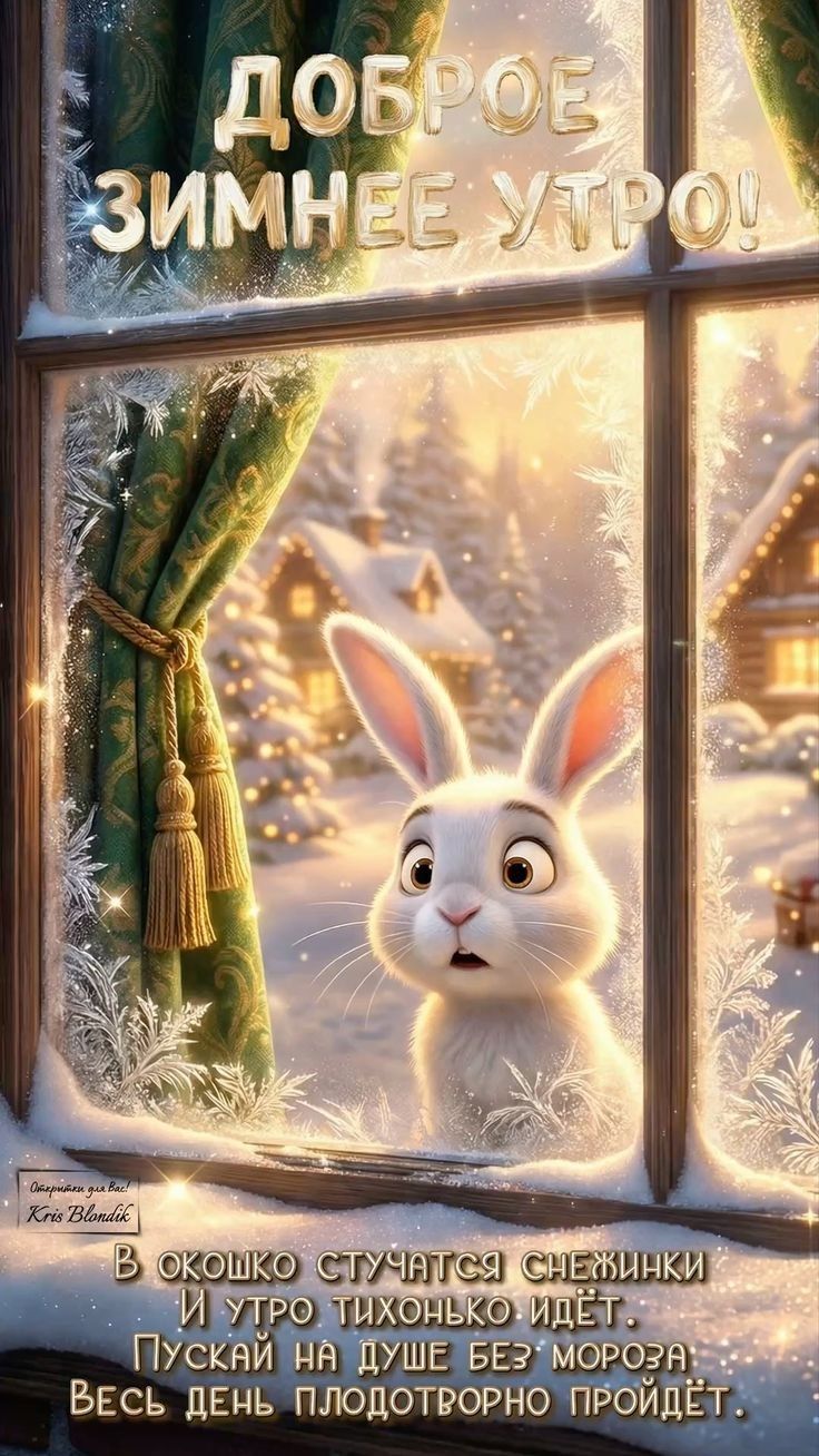 ДОБРОЕ ЗИМНЕЕ УТРО!

В окошко стучатся снежинки
И утро тихонько идёт.
Пускай на душе без морозa!
Весь день плодотворно пройдёт.