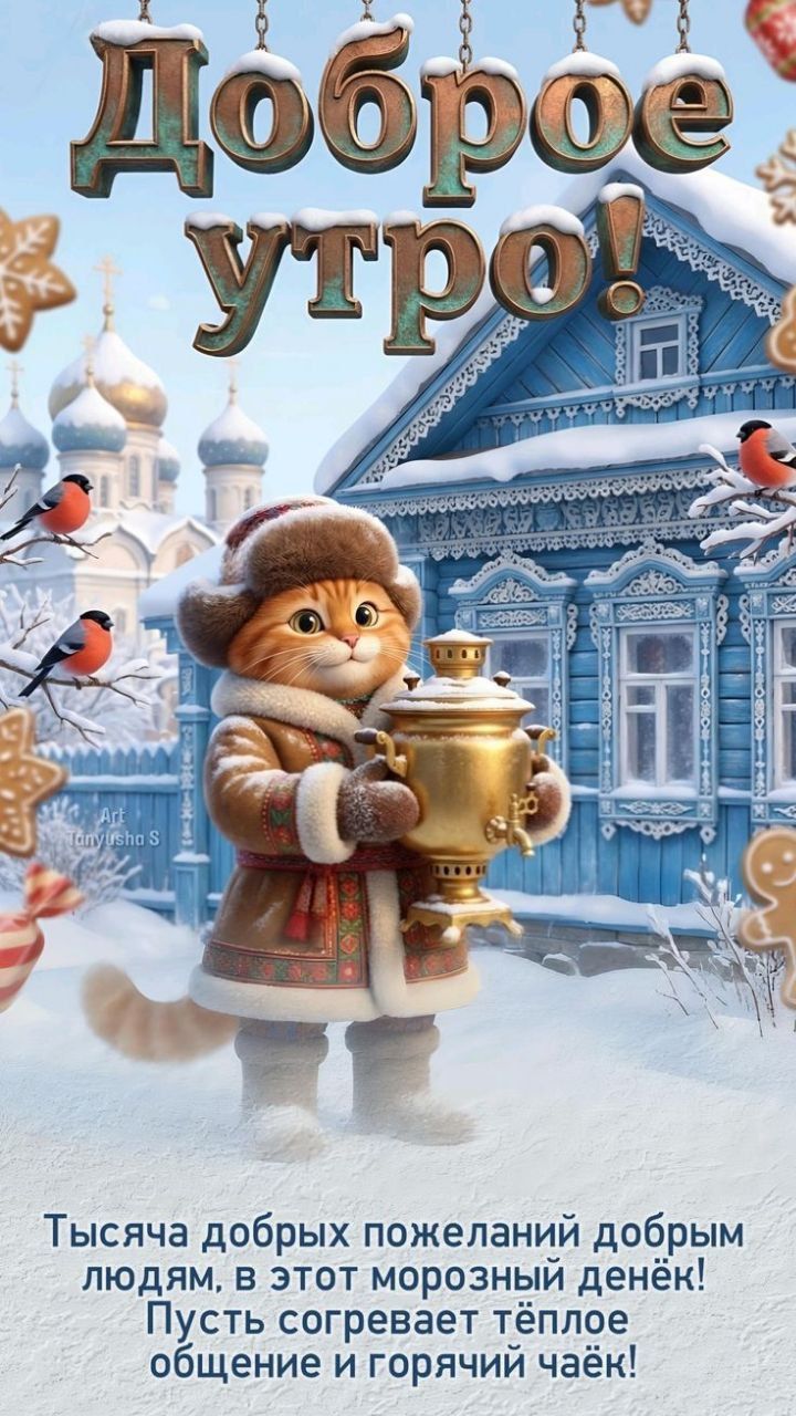 Доброе утро!\nТысяча добрых пожеланий добрым людям, в этот морозный денёк! Пусть согревает тёплое общение и горячий чай!