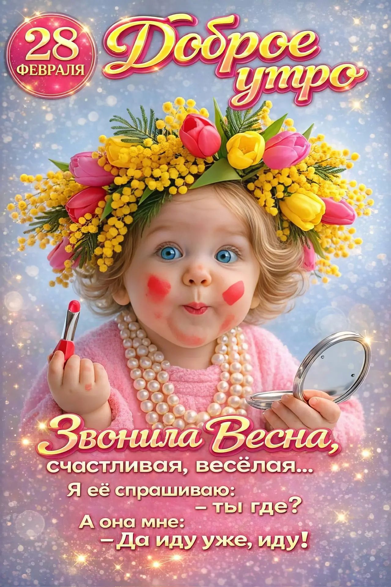 28 февраля Доброе утро Звонила Весна, счастливая, весёлая... Я её спрашиваю: — ты где? А она мне: — Да иду уже, иду!