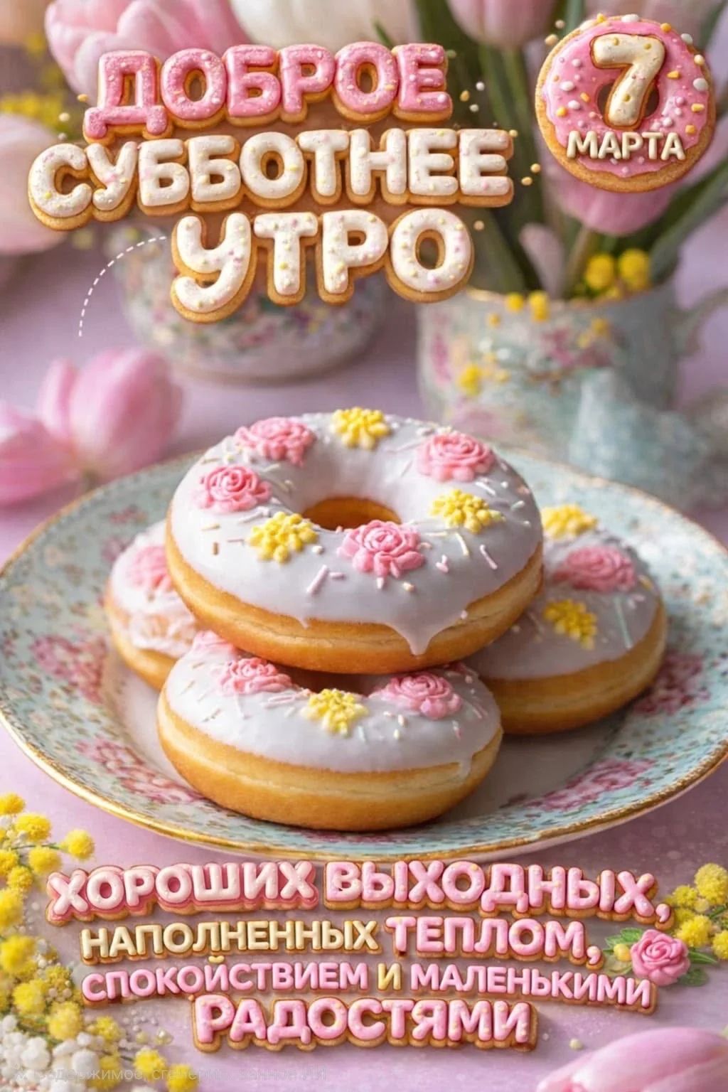 ДОБРОЕ СУББОТНЕЕ УТРО
7 МАРТА
ХОРОШИХ ВЫХОДНЫХ, НАПОЛНЕННЫХ ТЕПЛОМ, СПОКОЙСТВИЕМ И МАЛЕНЬКИМИ РАДОСТЯМИ