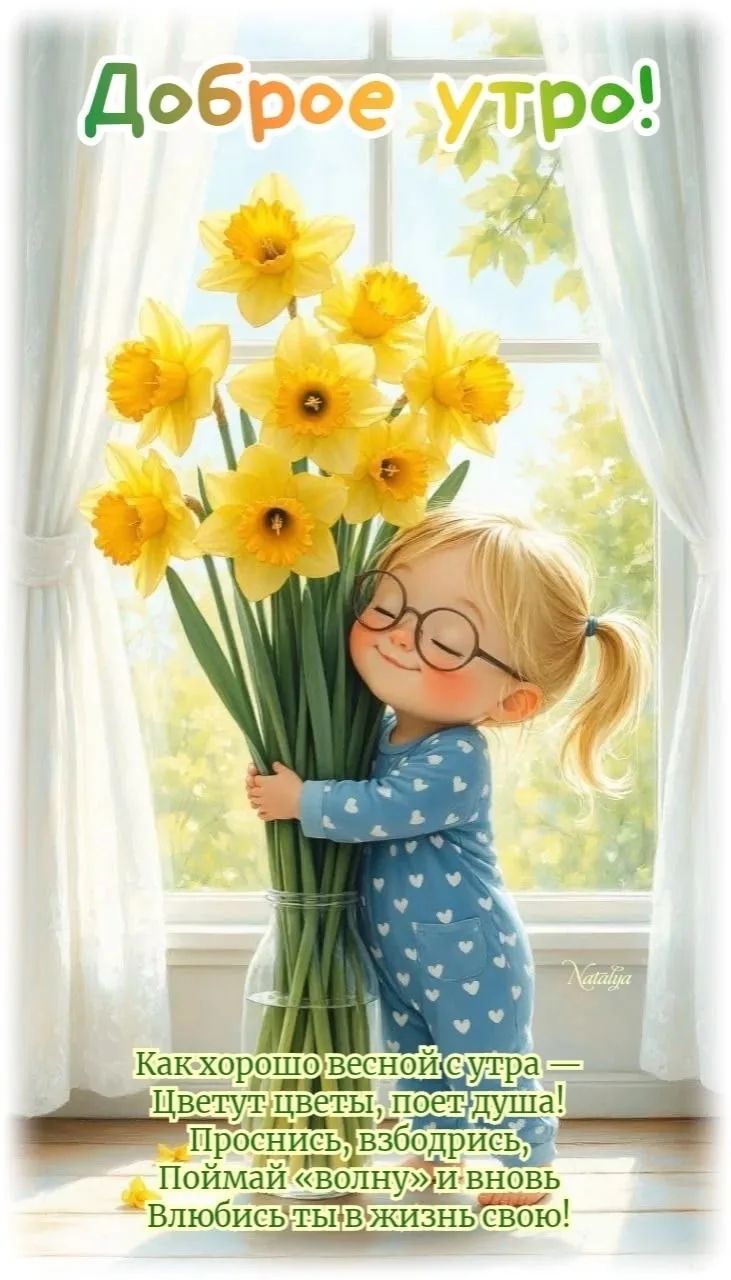 Доброе утро! Как хорошо весной с утра — Цветут цветы, поет душа! Проснись, взбодрись, Поймай «волну» и вновь Влюбись ты в жизнь свою!