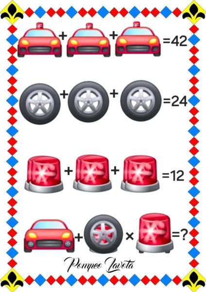 🚗 + 🚗 + 🚗 = 42
⚙️ + ⚙️ + ⚙️ = 24
🚨 + 🚨 + 🚨 = 12
🚗 + ⚙️ + 🚨 × ?