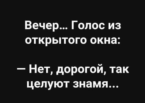 Вечер... Голос из открытого окна: — Нет, дорогой, так целуют знамя...