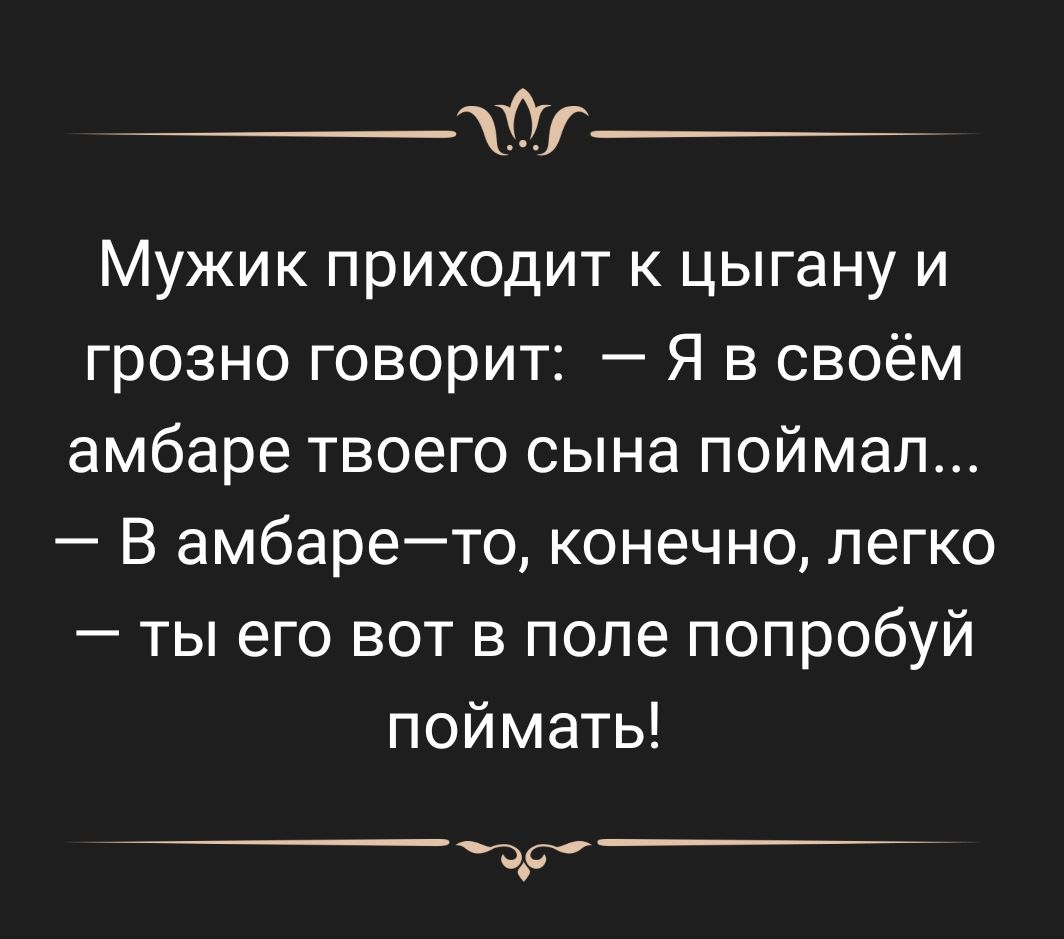 Мужик приходит к цыгану и грозно говорит Я в своём амбаре твоего сына поймал В амбарето конечно легко ты его вот в попе попробуй поймать