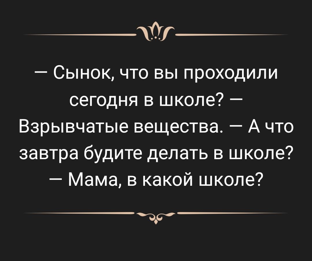 0 Сынок что вы проходили сегодня в школе Взрывчатые вещества А что завтра будите делать в школе Мама в какой школе д