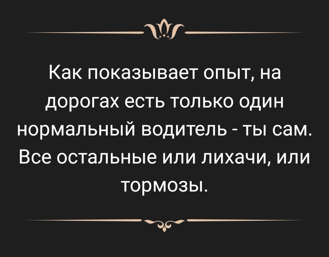 т Как показывает ОПЫТ на дорогах есть ТОЛЬКО ОДИН НОРМЭПЬНЫЙ водитель ТЫ СЭМ Все ОСТЗПЬНЫЭ ИПИ пихачи ИПИ ТОРМОЗЫ