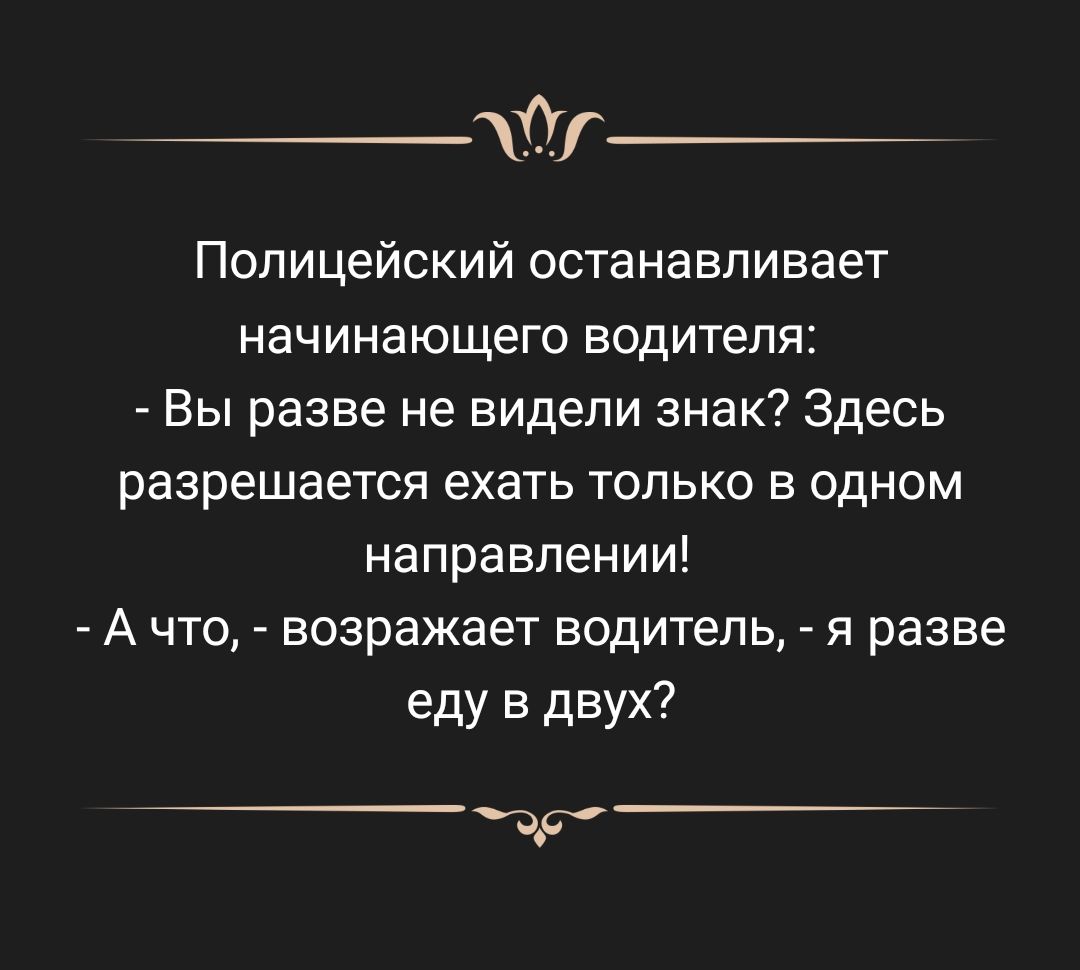 Полицейский останавливает начинающего водителя Вы разве не видели знак Здесь разрешается ехать только в одном направлении А что возражает водитель я разве еду в двух