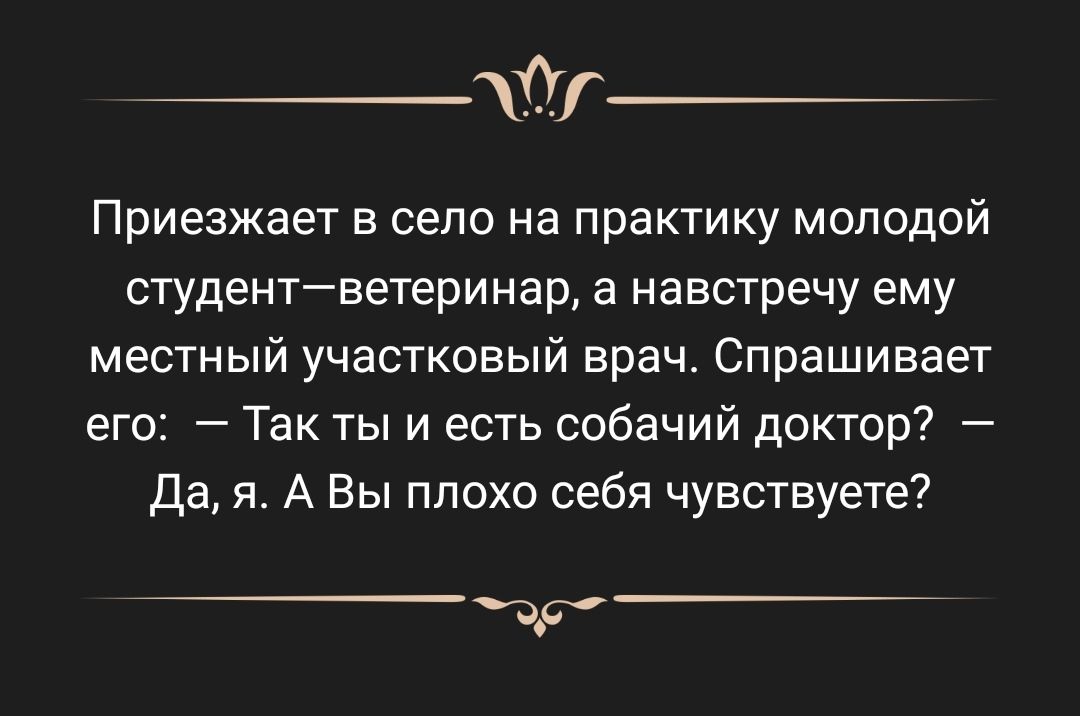 Приезжает в село на практику молодой студентйветеринар а навстречу ему местный участковый врач Спрашивает его Так ты и есть собачий доктор да я А Вы плохо себя чувствуете дд