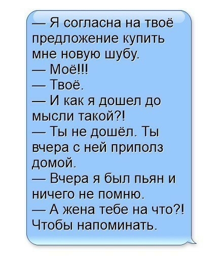 Я согласна на твоё предложение купить мне новую шубу Моё Твоё И как я дошел до мысли такой Ты не дошел Ты вчера с ней приполз домой Вчера я был пьян и ничего не помню А жена тебе на что Чтобы напоминать