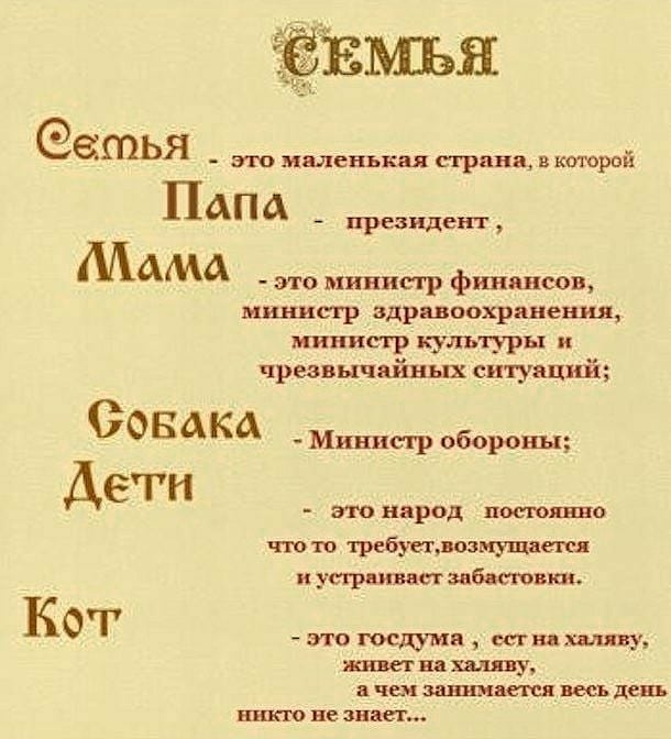 етья это маленькая страна 3 кто Пап президент Мама _ финансов мш шстр здравоохранения министр КУЛЬТУРЫ чрезвычайных ситуаций СОБАКА _ Министр обороны Дети _ тнарод поп ошо то требуетознушатд и усиливает з нбтвыси Кот это госдумы тишину теткащ вчшившивтявесьдеп шговезвает