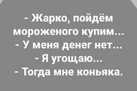 Жарко пойдём мороженого купим У меня денег нет Я угощаю Тогда мне коньяка