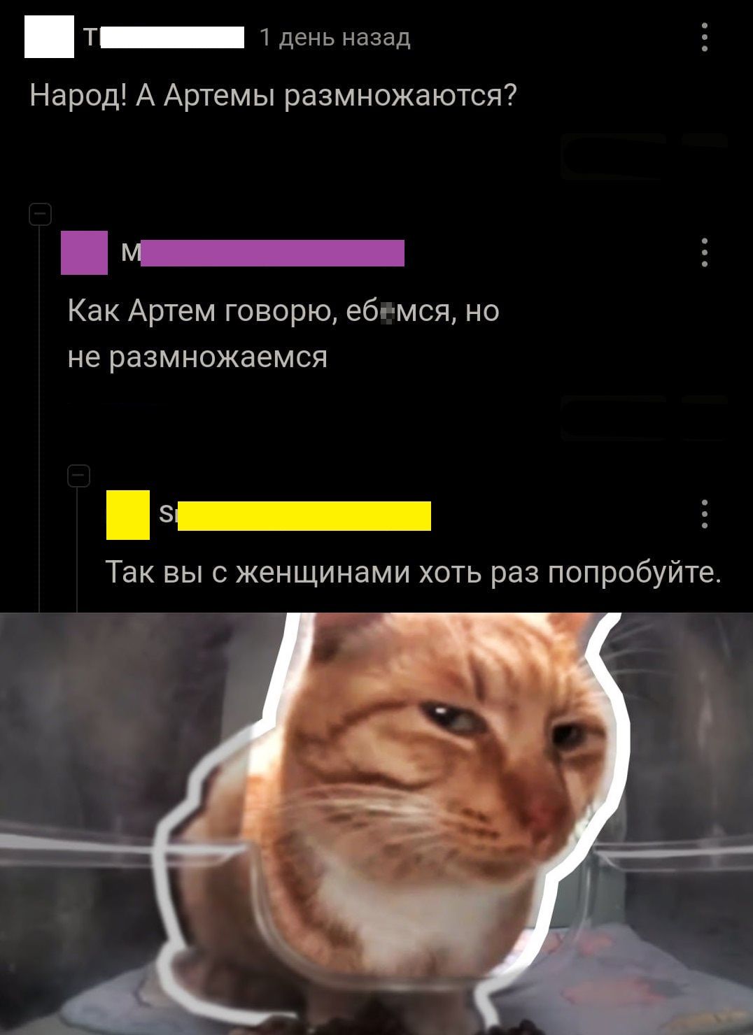 _ тденьмзад Народ А Артемы размножаются _ Как Артем говорю ебемся но не размножаемся з 3 Так выс женщинами хоть раз попробуйте