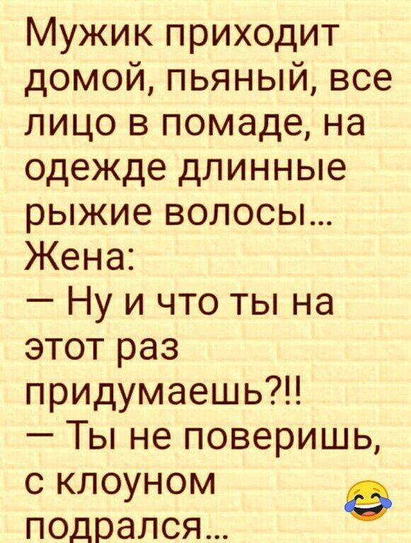 Мужик приходит домой пьяный все лицо в помаде на одежде длинные рыжие волосы Жена Ну и что ты на этот раз придумаешь Ты не поверишь с клоуном подрался