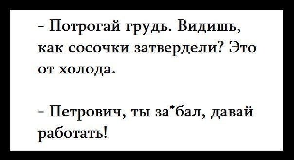 Потрогай грудь Видишь как сосочки затвердели Это ОТ ХОЛОДЗ Петрович ты забал давай работать