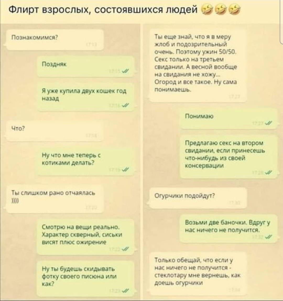 Познакомимся?

Поздняк

Я уже купила двух кошек год назад

Что?

Что у меня теперь с котиками делать?

Ты слишком рано отдалась ))))

Ты еще знай, что в меру жлоб и подводитель!

Ох, поэтому ты 50/50. Сильно только на третьих свиданиях. А в целом вообще оставлять его такое. Ну как понимаем.

Понимаю

Предлагал секс на втором свидании, если принесешь что-нибудь из своей консервации

Огурчики подойдут?

Возьми две баночки. Вдруг у нас не получится.

Только обещай, что если у нас ничего не получится, то ты будешь сдерживать свою историю, или как?