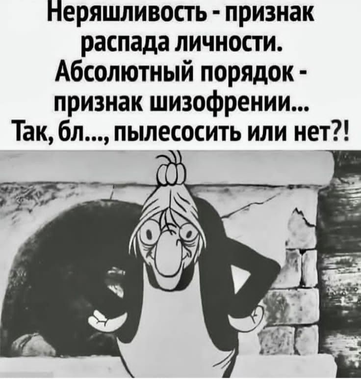 Неряшливость - признак распада личности. Абсолютный порядок - признак шизофрении... Так, бл..., пылесосить или нет?!
