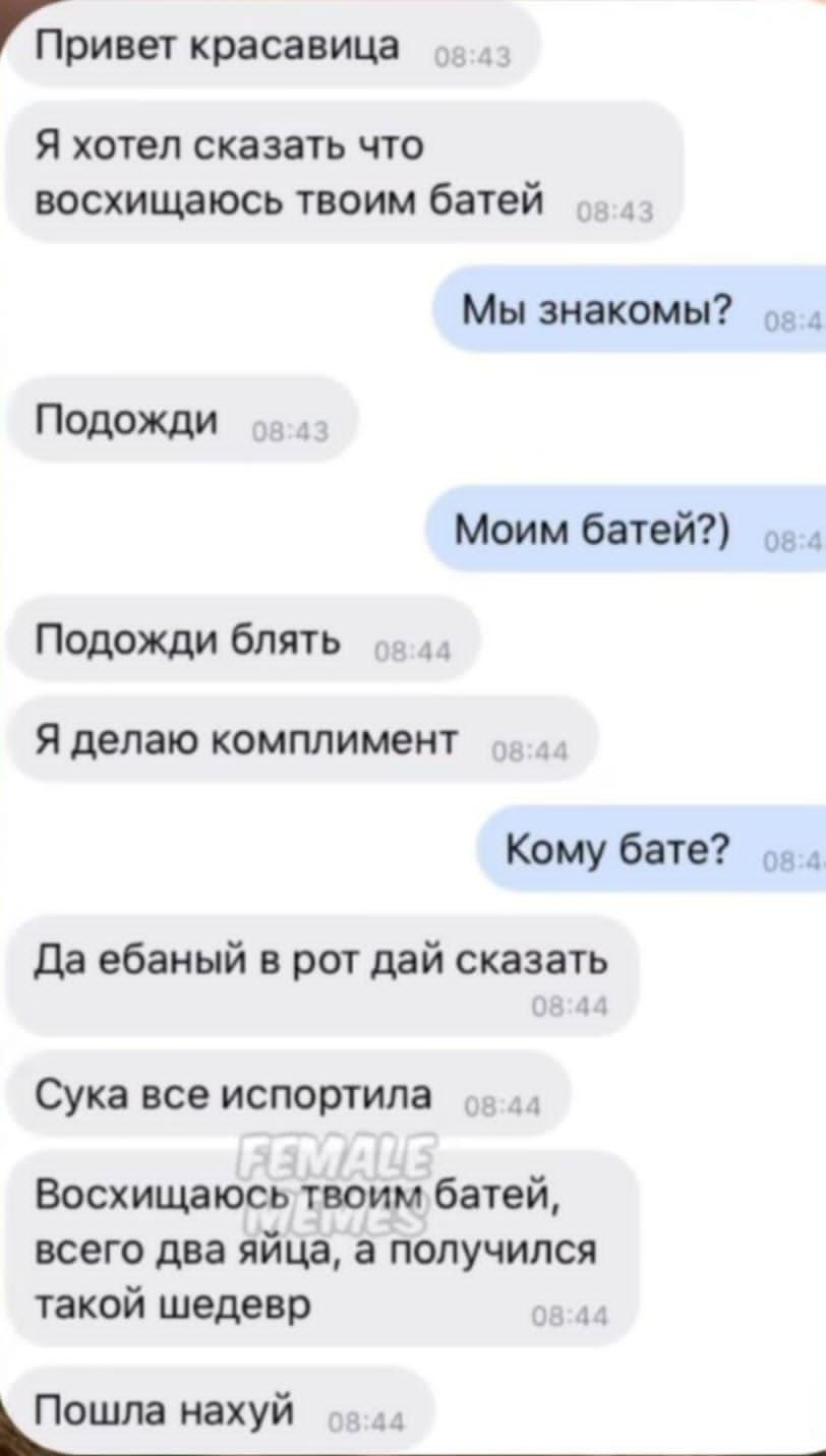 Привет красавица Я хотел сказать что восхищаюсь твоим батей Мы знакомы? Подожди Моим батей? Подожди блять Я делаю комплимент Комu бате? Да ебаный в рот дай сказать Сука всё испортило Восхищаюсь твоим батей, всего два яйца, а получилось такой шедевр Пошла нахуй