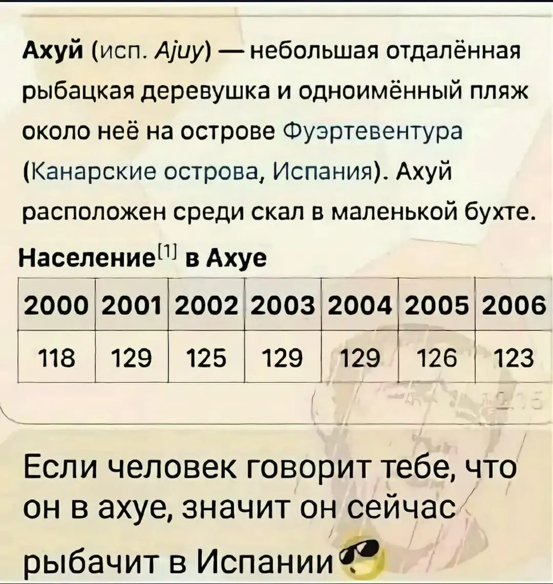 Ахуй (исп. Ajuy) — небольшая отдалённая рыбацкая деревушка и одноимённый пляж около неё на острове Фуэртевентура (Канарские острова, Испания). Ахуй расположен среди скал в маленькой бухте.
Население[1] в Ахуе
2000 2001 2002 2003 2004 2005 2006
118 129 125 129 129 126 123
Если человек говорит тебе, что он в ахуе, значит он сейчас рыбачит в Испании