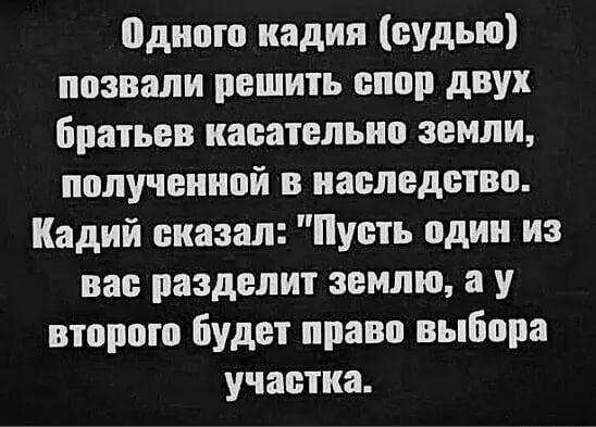 одною надня судью назвали решить спор двух Братьев касательно земли полученной в наследство Каднй сказал Пусть одни из вас разделит землю а у втпрпю Будет право вый ра участка