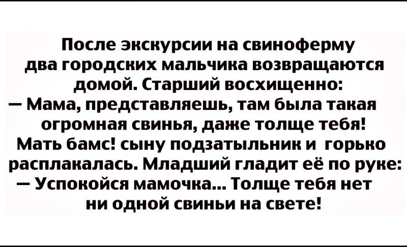 После экскурсии на свиноферму два городских мальчика возвращаются домой Старший восхищенно Мама представляешь там была такая огромная свинья даже толще тебя Мать бамс сыну подзатыльник и горько расплакалась Младший гладит её по руке Успокойся мамочка Толще тебя нет ни одной свиньи на свете