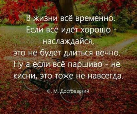 В жизни всё временно Если всё идёт хорошо наслаждайся _ это не будет длиться вечно Нуа если всё паршиво не КИСНИ ЭТО ТОЖЕ не НЗВСЕГДЗ п м Достоевский