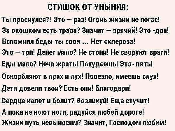 СТИШОК ОТ УНЫНИЯ Ты проснулся Это раз Огонь жизни не погас За окошком есть трава Значит зрячий Это два Вспомнил беды ты свои Нет склероза Это три денег мало Не стони Не своруют враги Еды мало Неча жрать Похудеешь Это пять Оскорбляют в прах и пух Повезло имеешь слух Дети довели твои Есть они Благодари Сердце колет и болит Возликуй Еще стучит А пока не ноют ноги радуйся любой дороге Жизни путь невын