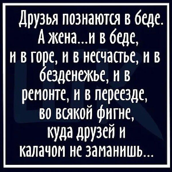 Друзья познаются в беде Аженаи в беде и в го е и в несчасгье и в езденежье и в ремонте и в переезде во всякой фигнс куда друзей и калачои не заманить