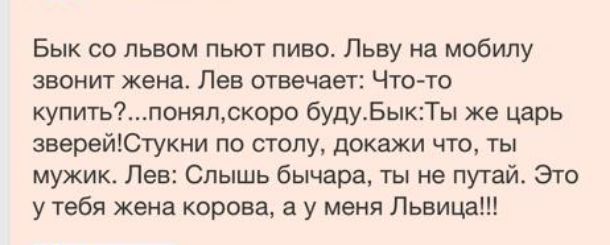 Бык со львом пьют пиво Льву на мобилу звонит жена Лев отвечает Чтото купить поняпскоро будуБьпкТы же царь звереиЮтукни по столу докажи что ты мужик Лев Слышь бычара ты не путай Это у тебя жена корова а у меня Львица