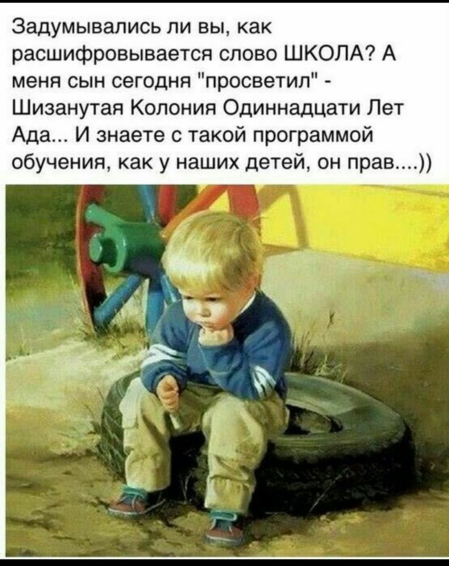 Задумывались ли вы как расшифровывается слово ШКОЛА А меня сын сегодня просветил Шизанутая Колония Одиннадцати Лет Ада И знаете с такой программой обучения как у наших детей он прав