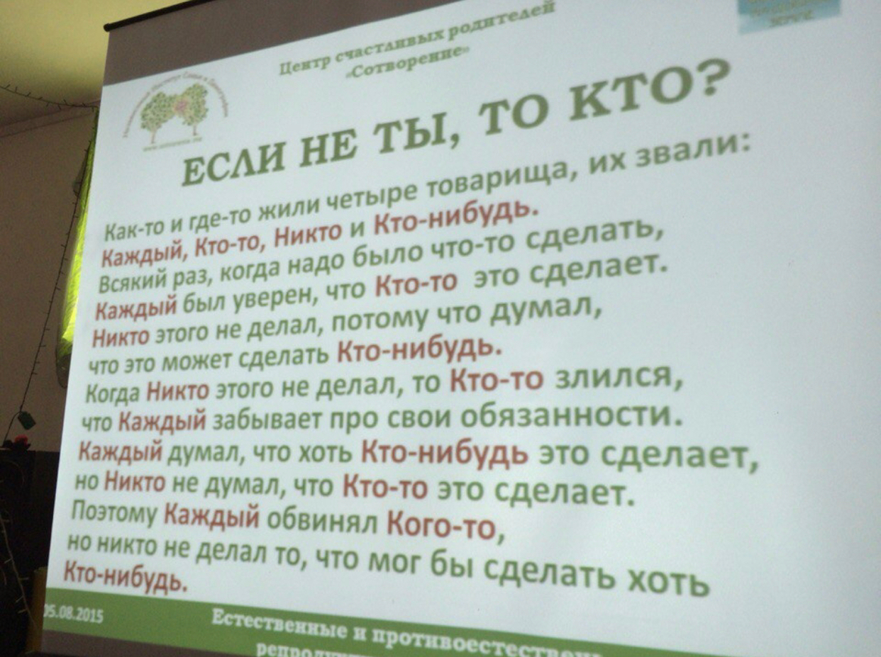 ь что это может сделать Кто нибчёфто злился Когда Никто этого не делал то что Каждый забывает про свои обязанности Каждый думал что хоть Ктонибудь это сделает мо Никто не думал что Кто то это сделает Поэтому Каждый обвинял Кого то но НИКТО не делал ТО ЧТО МОГ Кто нибудь_ бы сделать хоть