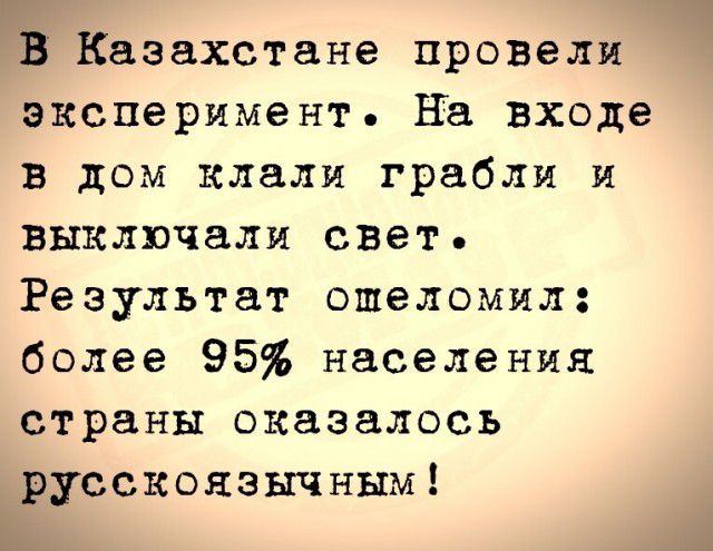 В Казахстане провели эксперимент На входе в дом клали грабли и выключали свет Результат ошеломил более 95 населения страны оказалось русскоязычным