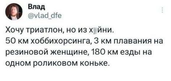 Влад май ае Хочу триатлон но из хуйни 50 км хоббихорсинга 3 км плавания на резиновой женщине 180 км езды на одном роликовом коньке