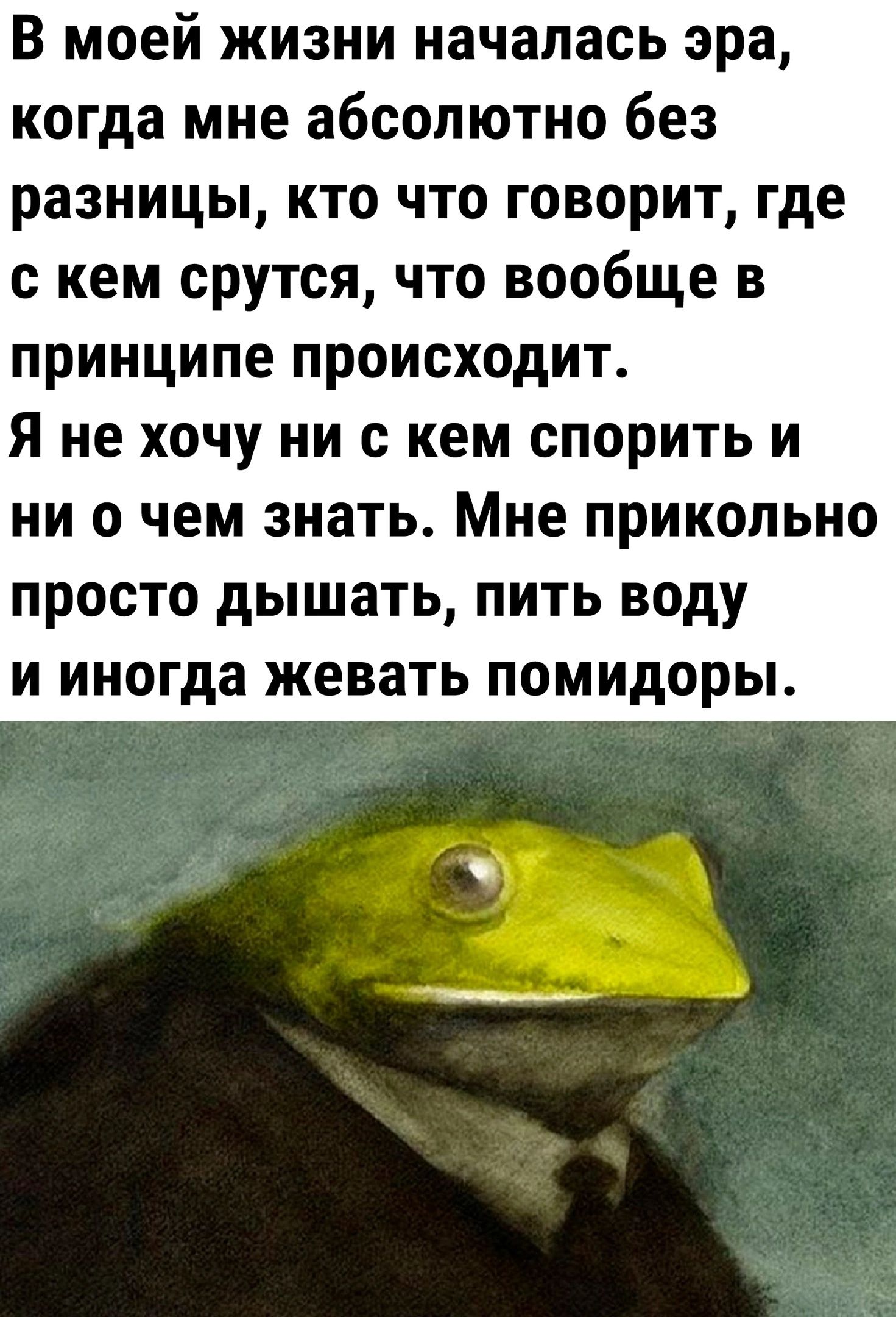 В моей жизни началась эра когда мне абсолютно без разницы кто что говорит где скем срутся что вообще в принципе происходит Я не хочу ни с кем спорить и ни о чем знать Мне прикольно просто дышать пить воду и иногда жевать помидоры