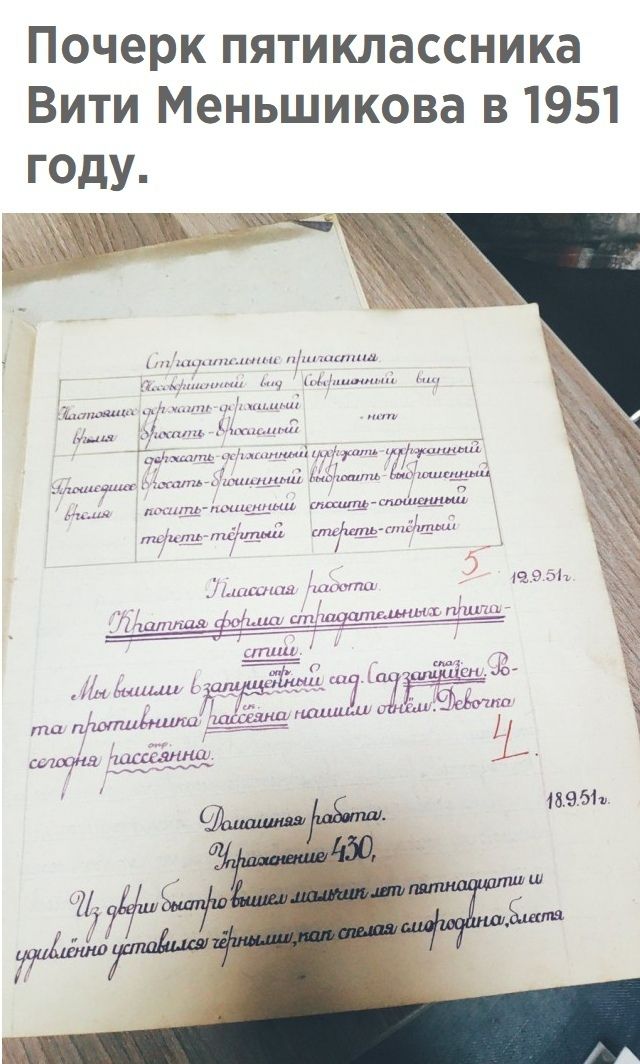 Почерк пятиклассника Вити Меньшикова в 1951 году Йчвиль бзоли утыо проетиивнитай селодйяь иассеяи