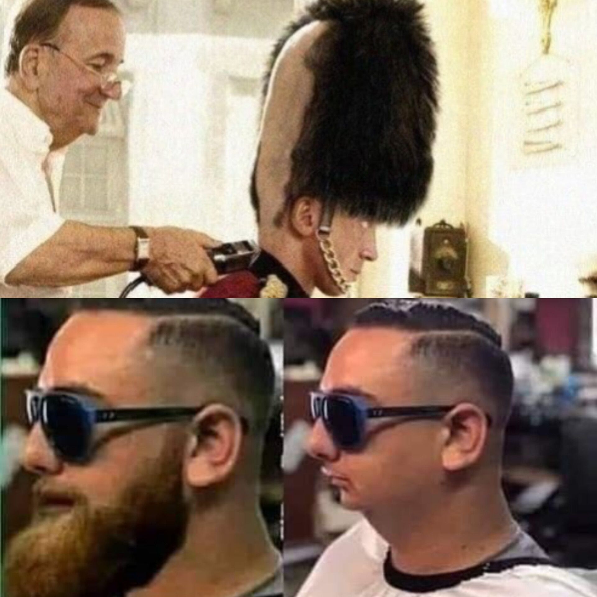 Коллаж: сверху стрижка высокого мехового головного убора, снизу два парня в очках до и после смены прически