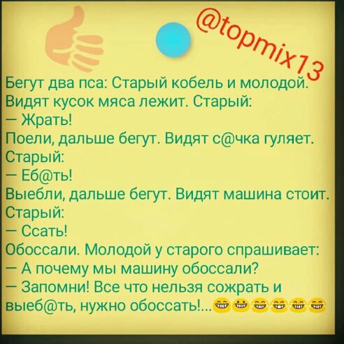 идят кусок мяса лежит Старый Жрать сел и дальше бегут Видят счка гуляет Ебть ыебли дальше бегут Видя1 машина стоит А почему мы машину обоссап и Запомни Все что нельзя сожрать и ыебть нужно обосоать8