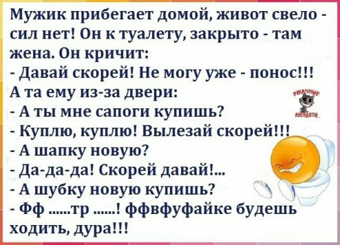 Мужик прибегает домой живот свело сил нет Он к туалету закрыто там жена Он кричит Давай скорей Не могу уже понос А та ему из за двери Ё А ты мне сапоги купишь Куплю куплю Вылезай скорей А шапку новую Да да да Скорей давай А шубку новую купишь Фф тр ффвфуфайке будешь ходить дура д