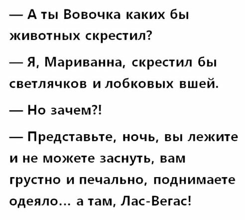 А ты Вовочка каких бы кивотных скрестил Я Мариванна скрестил бы светлячков и лобковых вшей Но зачем Представьте ночь вы лежите и не можете заснуть вам грустно и печально поднимаете одеяло а там Лас Вегас