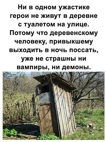 Ни в одном ужастике герои не живут в деревне с туалетом на улице Потому что деревенскому человеку привыкшему выходить в ночь поссать уже не страшны ни вампиры ни демоны
